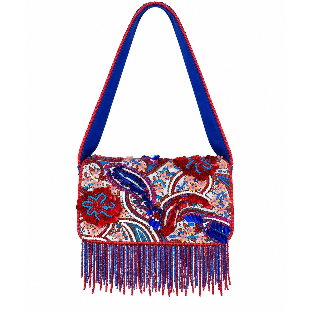 NWT Made in India Beaded Fringe Shoulder Bag Red White Blue Paisley Sequin